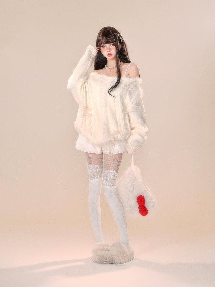 Cozy White Off-Shoulder Sweater with Bow Accent