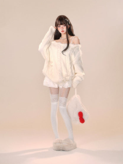 Cozy White Off-Shoulder Sweater with Bow Accent