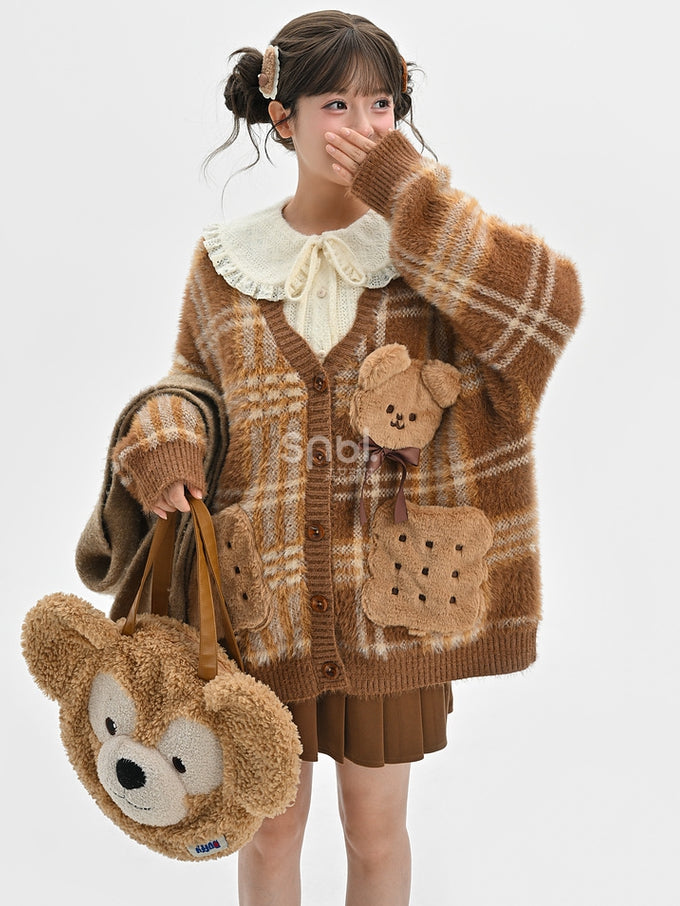 Brown Cute Cookie Bear Adorned Plaid Loose Cardigan