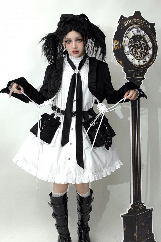 Steampunk Brown x Gothic Black Velvet Ruffle Heart Motif Cuff Cropped Jacket