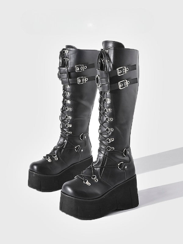 Knee-High System - Platform in Boots with Black Buckle Fastening Triple Style Punk
