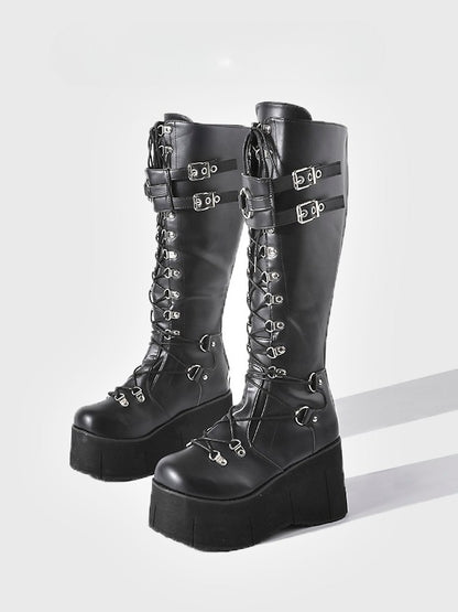 Knee-High System - Platform in Boots with Black Buckle Fastening Triple Style Punk