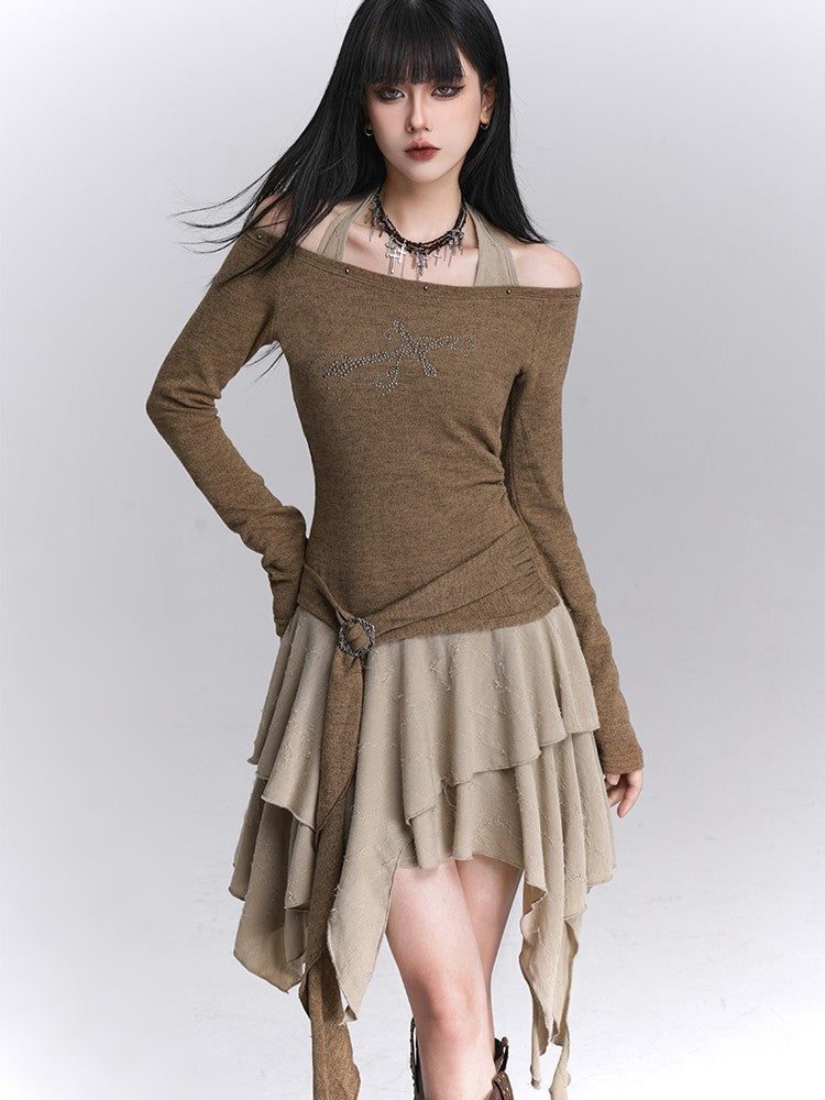 Khaki Faux Skirt Off-Shoulder Halter Handkerchief Two-Piece Hem Tiered Top Dress: Coffee Gothic