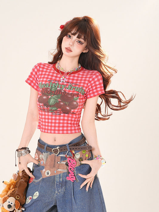 Red Plaid Round Fruit Print Cropped T-Shirt Neck