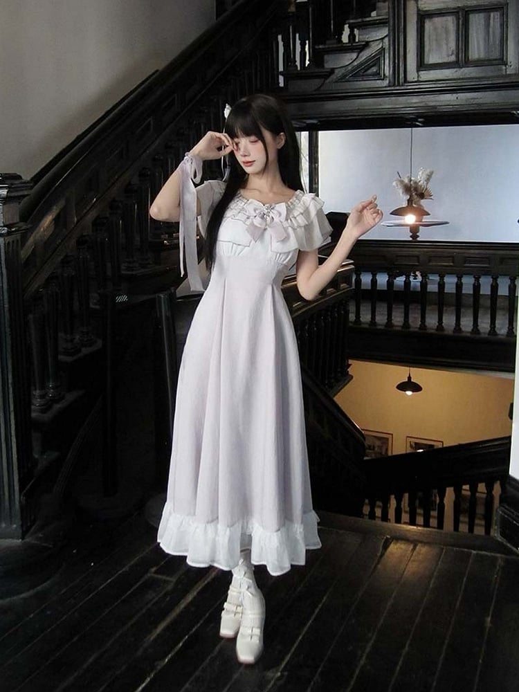 Purple Off-Shoulder Ruffled Flowy Seiso-Kei Maxi Dress - LA LA JK