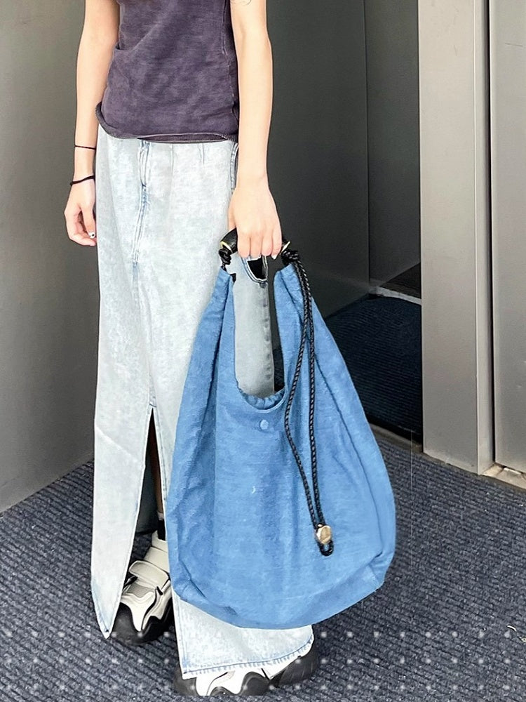 Denim Capacity Tote Shoulder Bag With Adjustable Braided Strap Blue Large