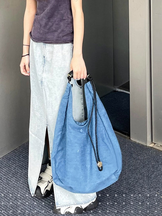 Denim Capacity Tote Shoulder Bag With Adjustable Braided Strap Blue Large