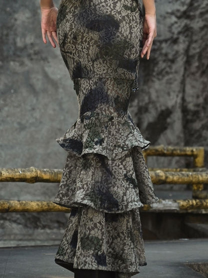 グリーンタイフラワーバードケージヘムラインマーメイドスカート