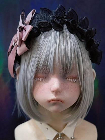 Black and Pink Ruffled Lace KC Bow - Strange Sugar