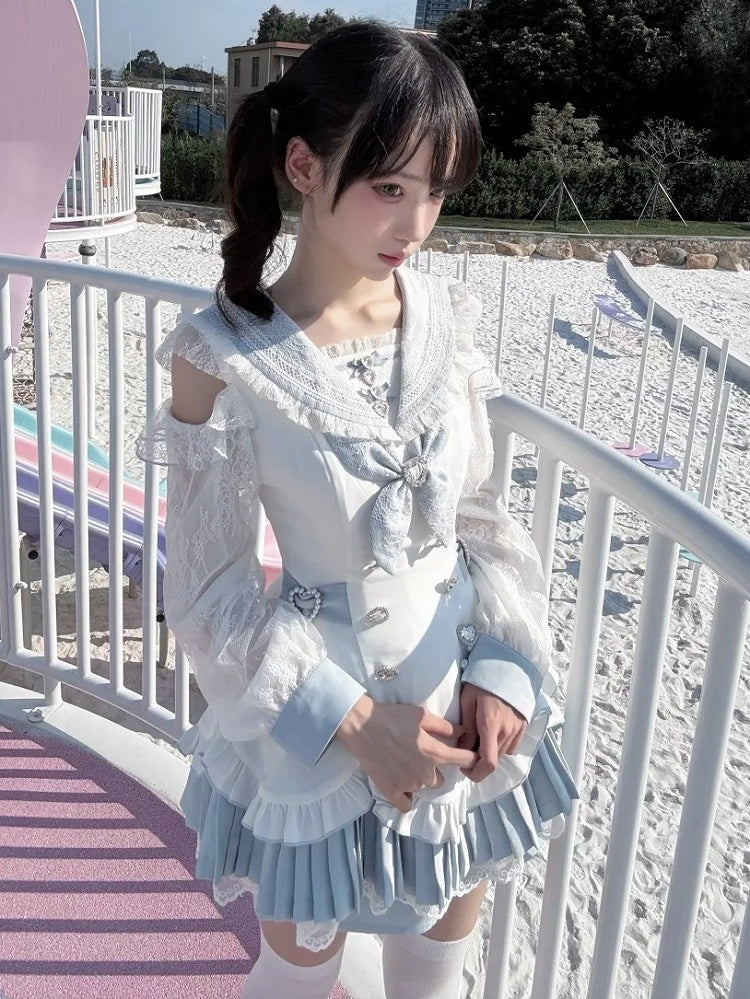 Landmine Style Two-Piece Set in Blue and White with Sailor Collar Cutout Shoulder Pleated Dress and Shorts - Broken Bear