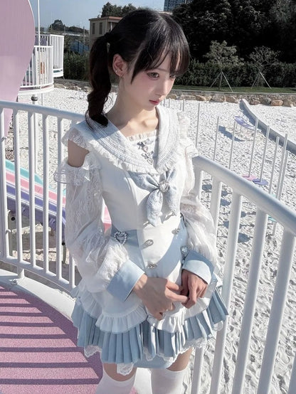 Landmine Style Two-Piece Set in Blue and White with Sailor Collar Cutout Shoulder Pleated Dress and Shorts - Broken Bear