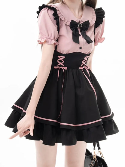 Overalls Style Suspender Jirai Clearance-Size Landmine Black 64CM S Dress Kei High Skirt for Waist