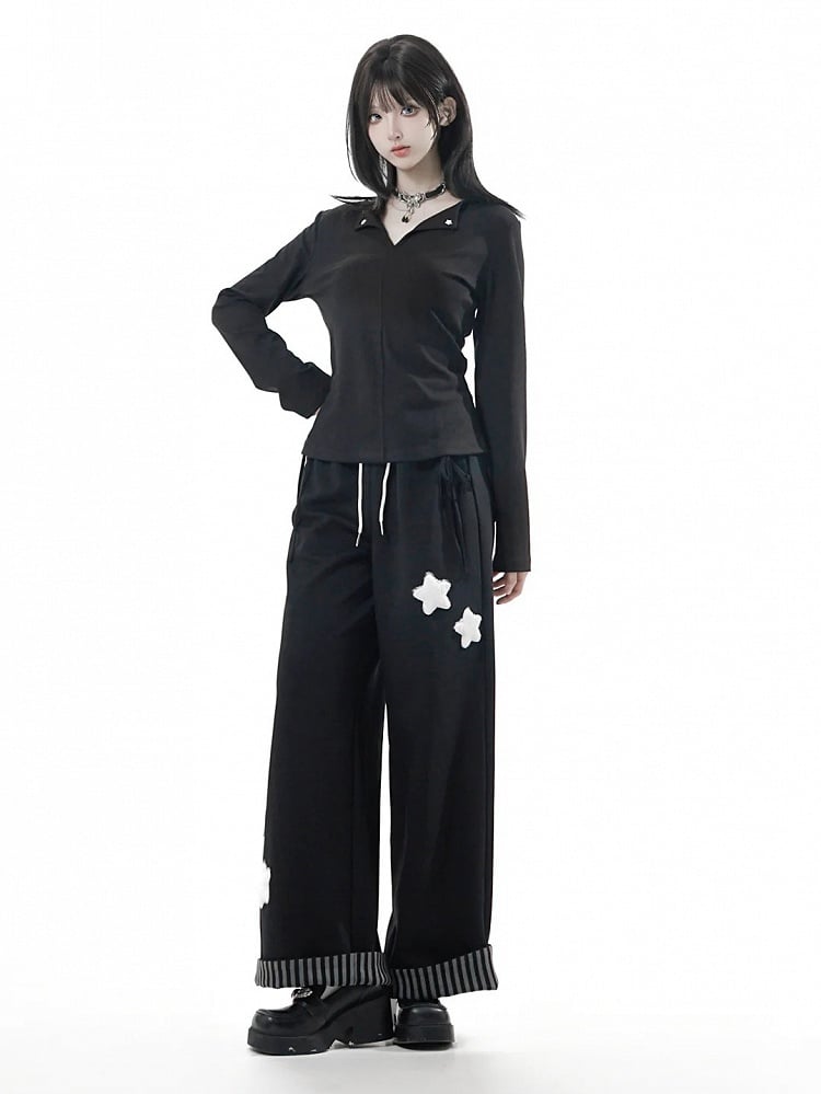 Long V-Neck Black Sleeves Reversed White Gray in Top /