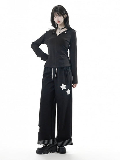 Long V-Neck Black Sleeves Reversed White Gray in Top /