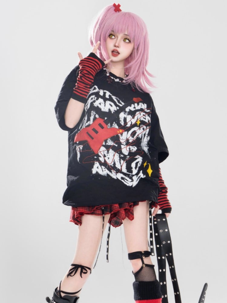 T-Shirt Rot mit Bass Print Schwarz und Graffiti Punk Weiß