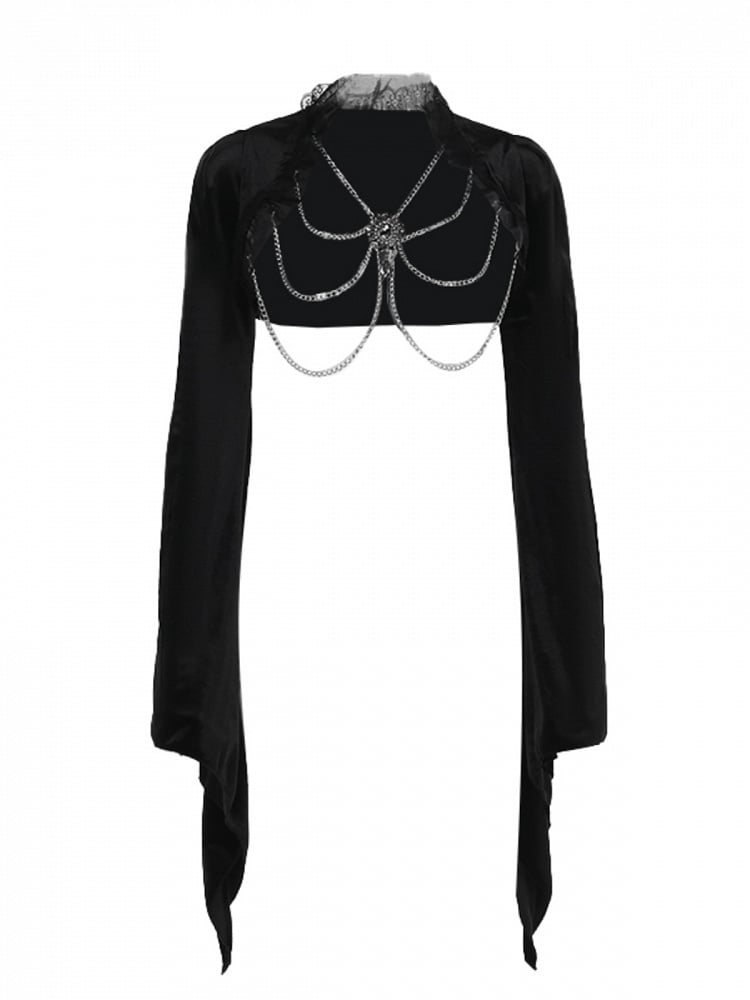 Gothic Trim Sleeve Detail Bell Black Shrug Chain Gem Halloween Lace with