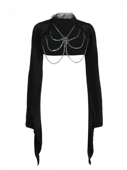 Gothic Trim Sleeve Detail Bell Black Shrug Chain Gem Halloween Lace with