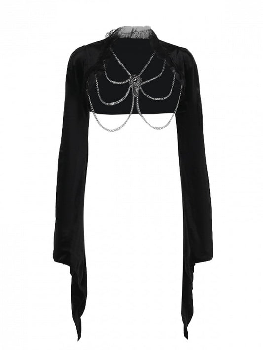 Gothic Trim Sleeve Detail Bell Black Shrug Chain Gem Halloween Lace with
