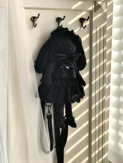 Black Rosette and Bowknot Embroidery Dress + Bunny Ears Hat