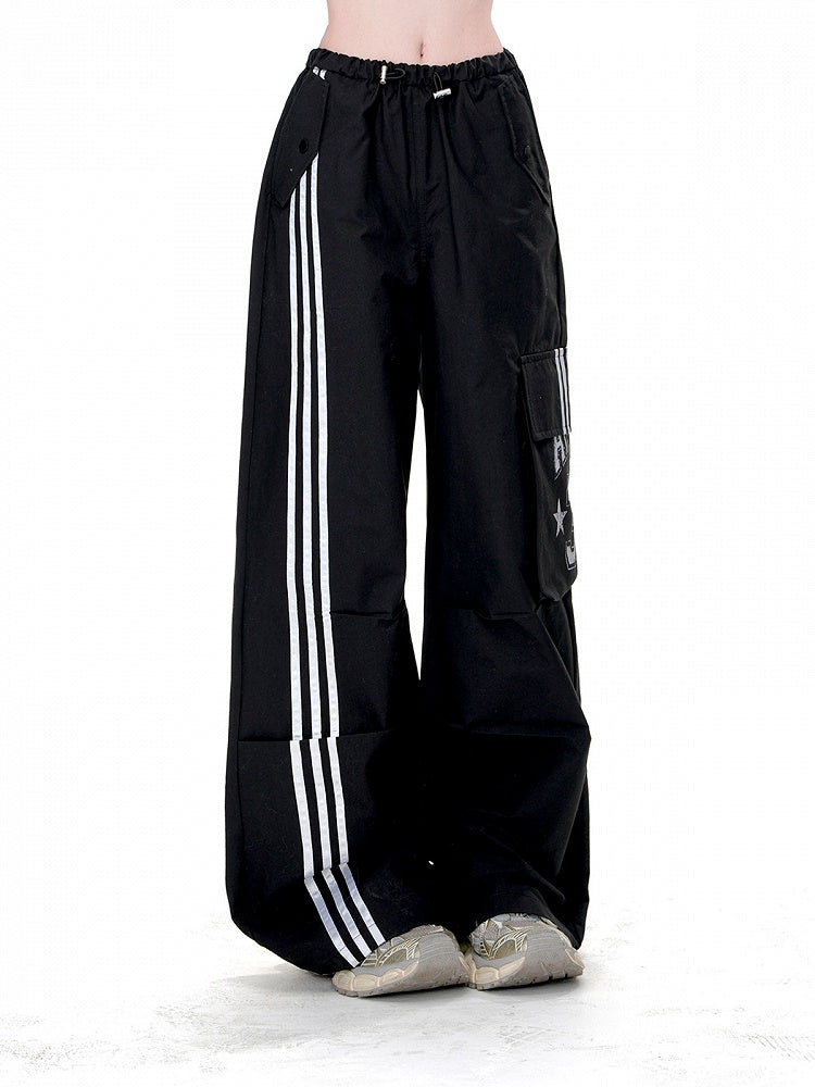 Lose Gerade-Bein Hosen Taschen Schwarz Kordelzug Taille Cargo