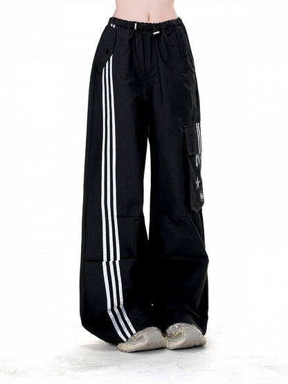 Lose Gerade-Bein Hosen Taschen Schwarz Kordelzug Taille Cargo