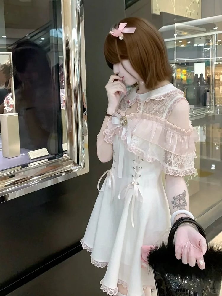 Kei Light Shoulder Dress Open Jirai Illusion Polished Aesthetic Pure - Neckline Pink with