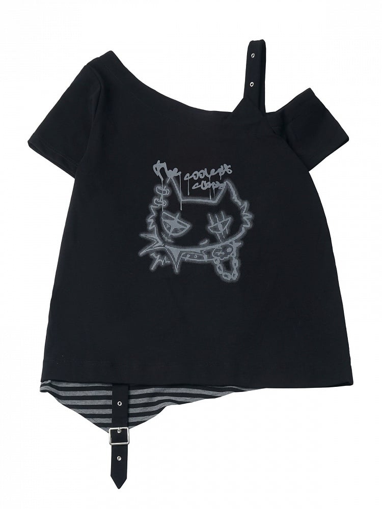 Black Asymmetrical Shoulder Short-Sleeve Tee with Cat Graffiti - PINK SAVIOR