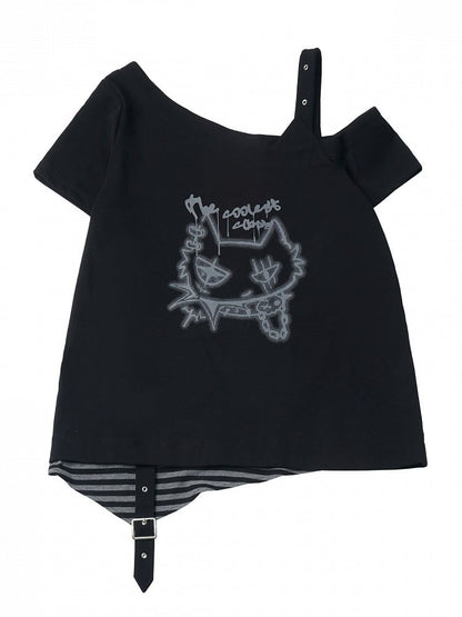 Black Asymmetrical Shoulder Short-Sleeve Tee with Cat Graffiti - PINK SAVIOR
