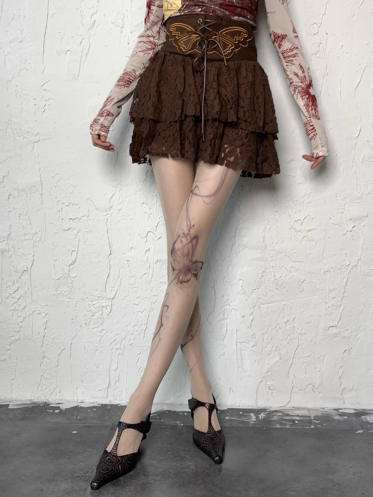 Bowknot Y2K Wasteland Nude Print Tights Tattoo Punk