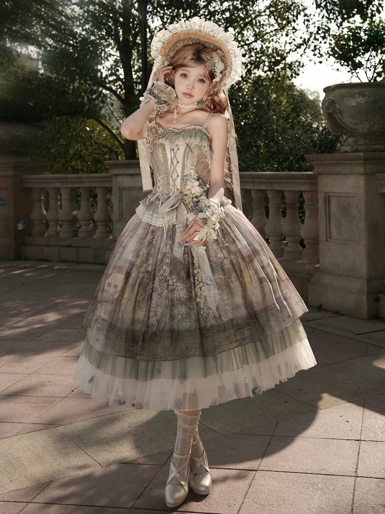 Green Oil Painting Print Flowers Tulle Hemline Lolita Skirt
