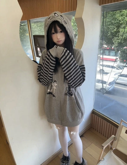 Alt-Culture Halloween-Themed Jacket Print Gray Zip-Up with Hood Cat-Ear