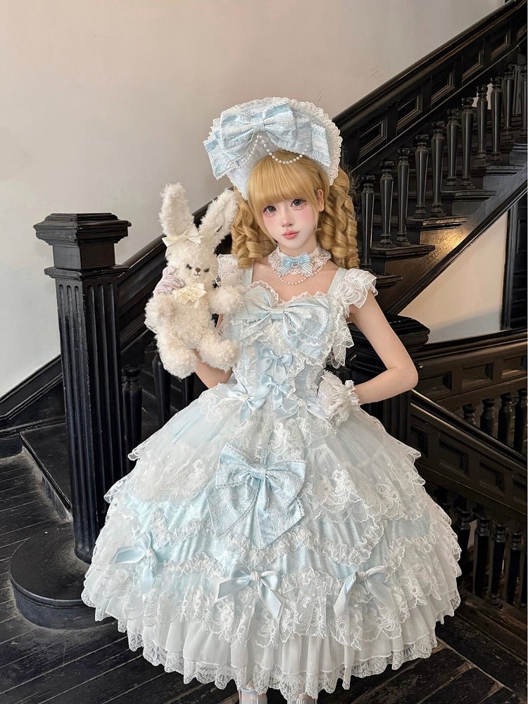 Decor With Dress Multi-Layer Lolita Hanayome-Style JSK Blue Trim Lace Bow