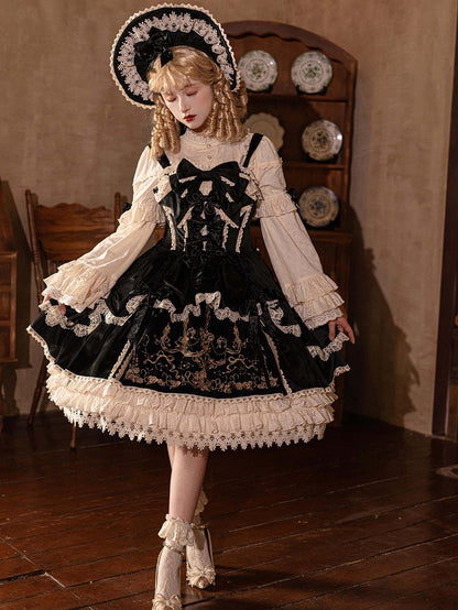 Schwarzes Lolita-Kleid mit Kerzenschleifen und Samt JSK / Dekorationsstickerei