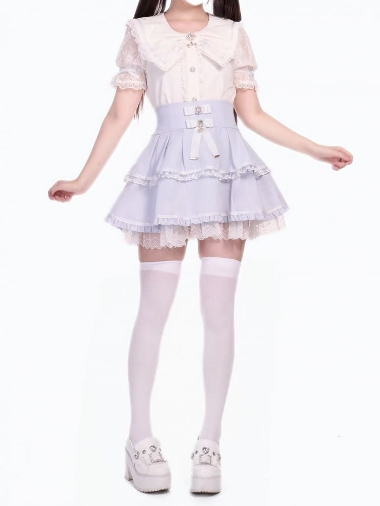 Bows Tiered Skirt High Waist Jirai Light with Kei Blue