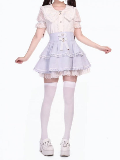 Bows Tiered Skirt High Waist Jirai Light with Kei Blue