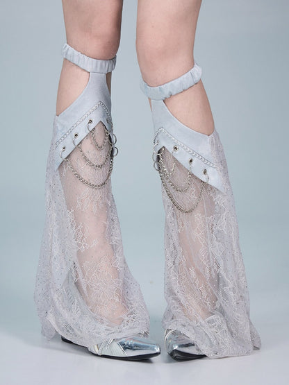 Punk Blue Cut-out Design Lace Leg Warmers with Chain Decoration - Virtual Orbit