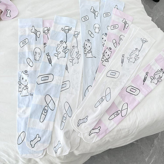 Stockings Pattern Over Pill Kitty Blue/Pink/White Angel Knee Cute