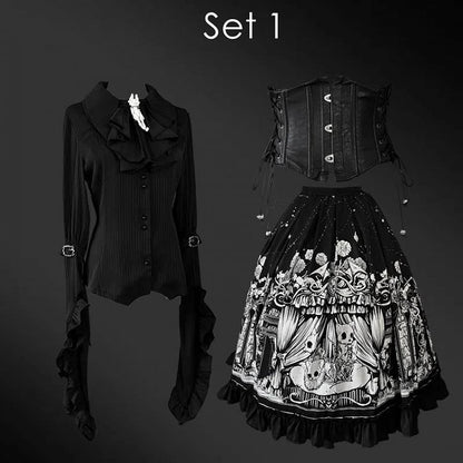 Dark + Set Black - Belt Full Plus Sleeves Shirt Lolita Available Skirt Corset Sizes Gothic Long