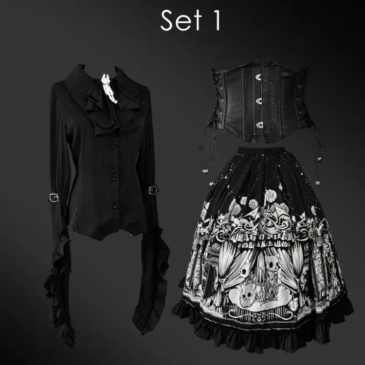 Ärmel Dunkler Gürtel Verfügbar Schwarzes Korsett Gothic Plus Set Lang - Voller Lolita Rock Größen Shirt +