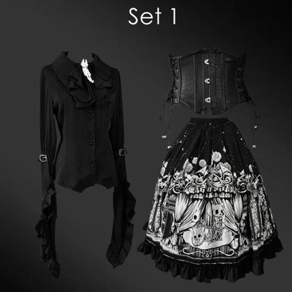 Ärmel Dunkler Gürtel Verfügbar Schwarzes Korsett Gothic Plus Set Lang - Voller Lolita Rock Größen Shirt +