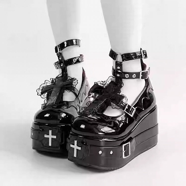 Polished Black Gothic Lolita Lace Trim Cross Platform Shoes