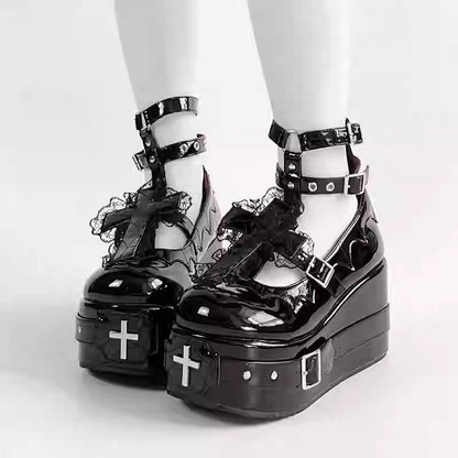 Polished Black Gothic Lolita Lace Trim Cross Platform Shoes