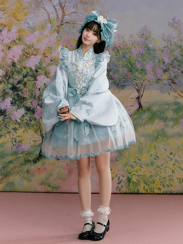 Mint Green Hanfu-Inspired Satin Long Sleeve Top with Floral Print - Yimu Walnut