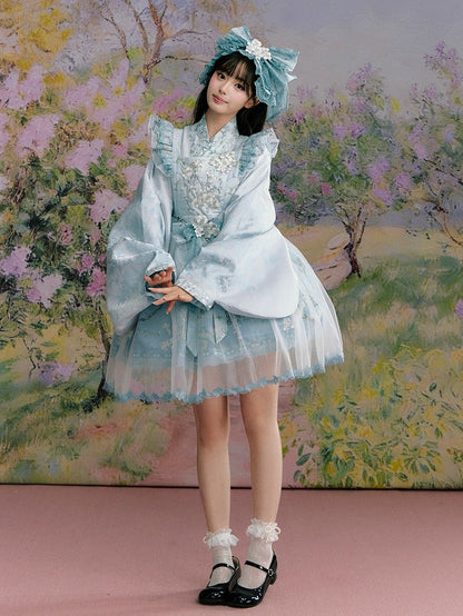Mint Green Hanfu-Inspired Satin Long Sleeve Top with Floral Print - Yimu Walnut