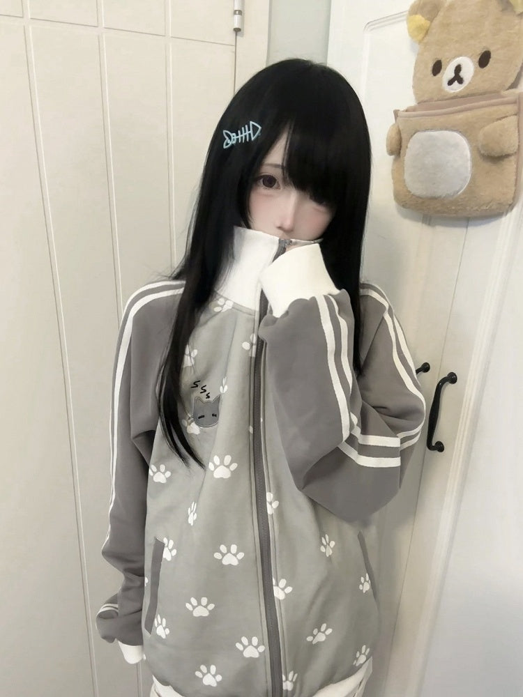Prints Jacket Grey Cotton Themed Cat with Patch Paw