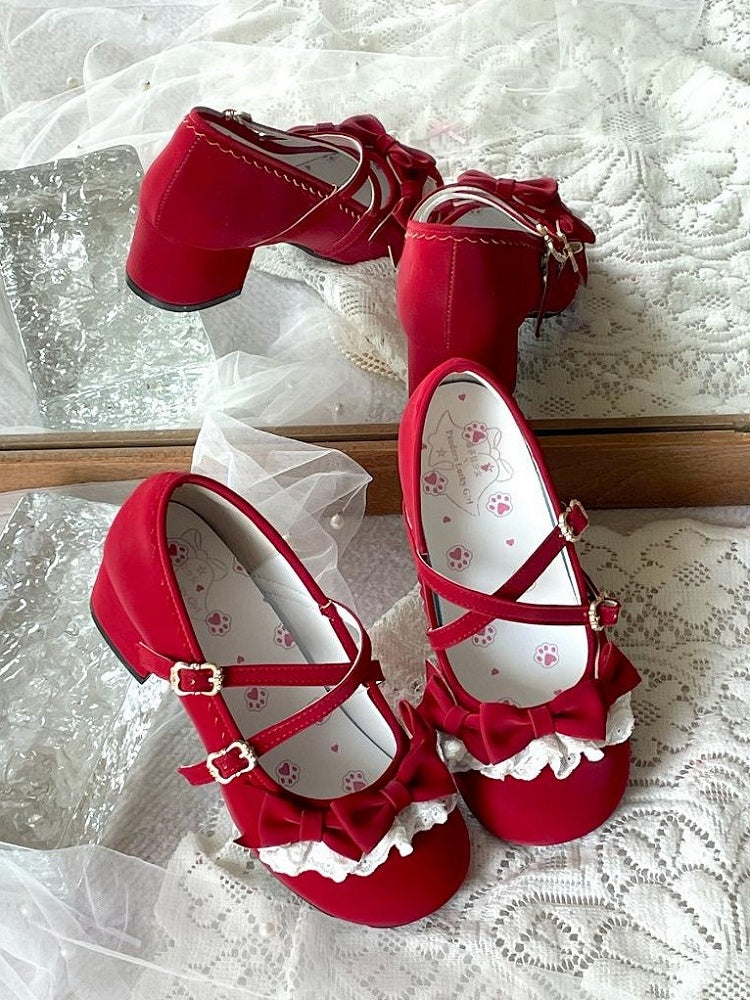 Jane Red Scalloped Shoes with Hem PU Mary Lolita Elegant