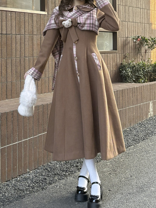 Brown Sweet Vintage Preppy Style Bow Accent Long Coat with Plaid Scarf Details