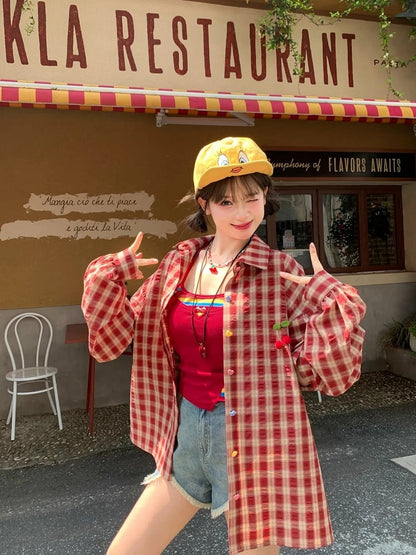 夏用ゆったりチェックシャツ（袖取り外し可能）イエロー/グリーン/レッド