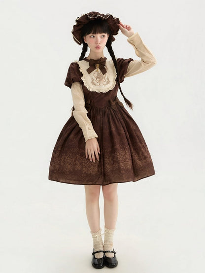 Piece Version Lolita Floral Bodice One Embroidery Classic and Brown Short Bowknot