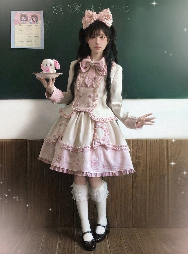 Sweet Pink Beige Adjustable Strap Skirt with Heart Bow Details - U.Rtto